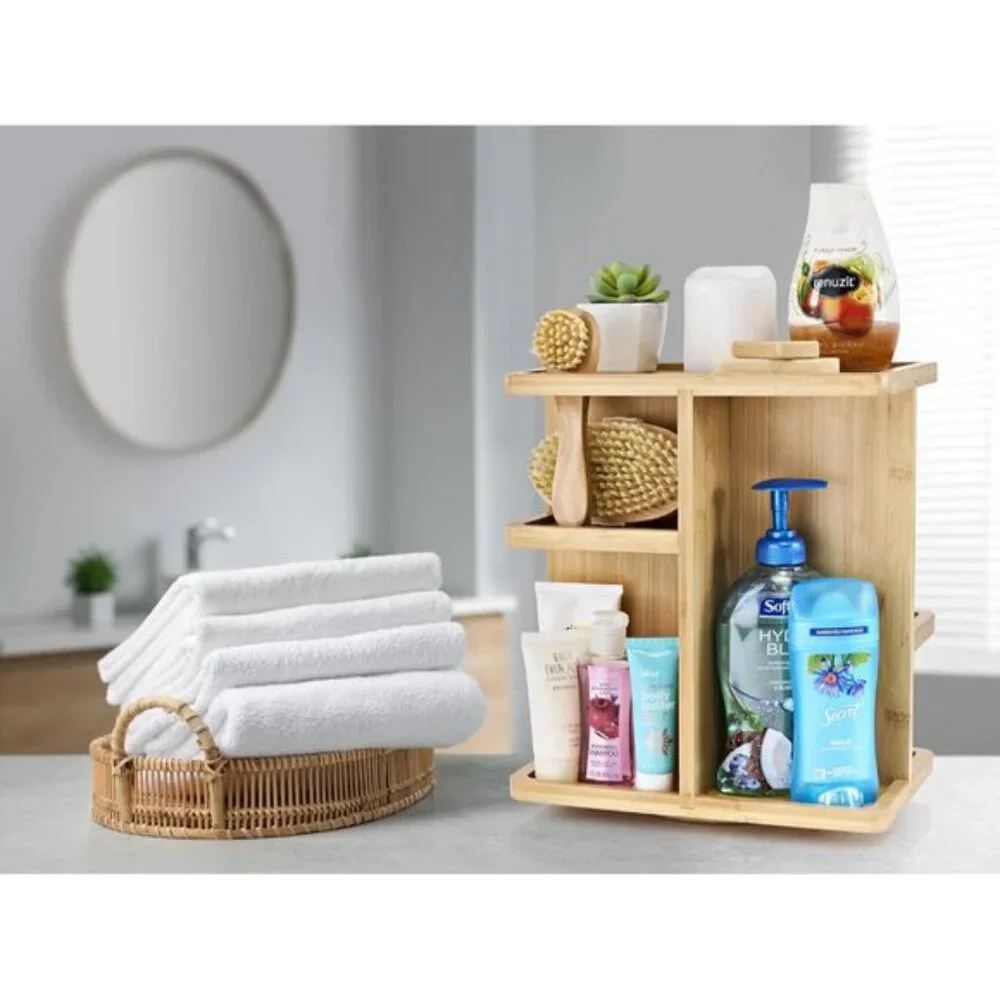 New 360° Bamboo Makeup Organizer, Rotating Cosmetic Storage for Vanity